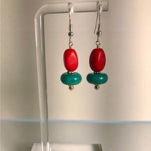 Handcrafted genuine coral and turquoise silver beaded earrings